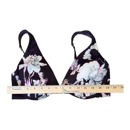 Athleta Piha Plunge Bikini Top Swimsuit Purple White Floral 36D/DD