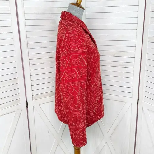 Coldwater Creek Geometric Fair Isle Embroidered Button Up Jacket Red Medium