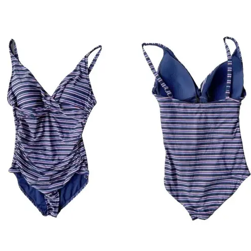 NipTuck Swim Swimsuit Size 8 Sailor Stripe One Piece Navy Red Tummy Cont… Blue