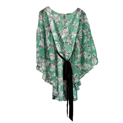 Smak Parlour Green Butterfly Print Tunic Top with Tie Size L Size L