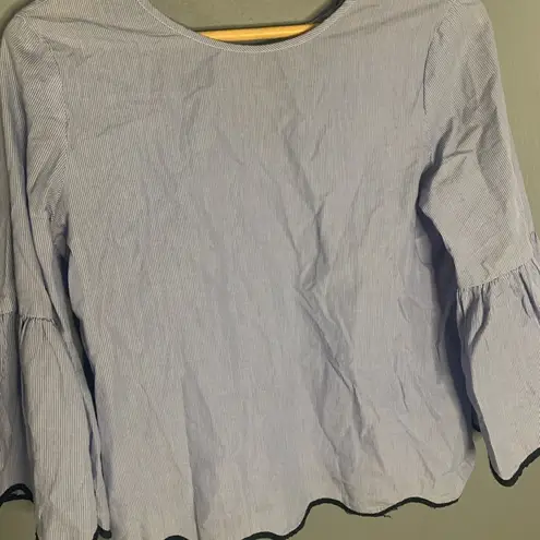 ZARA  blue stripe scalloped hem bell sleeve top