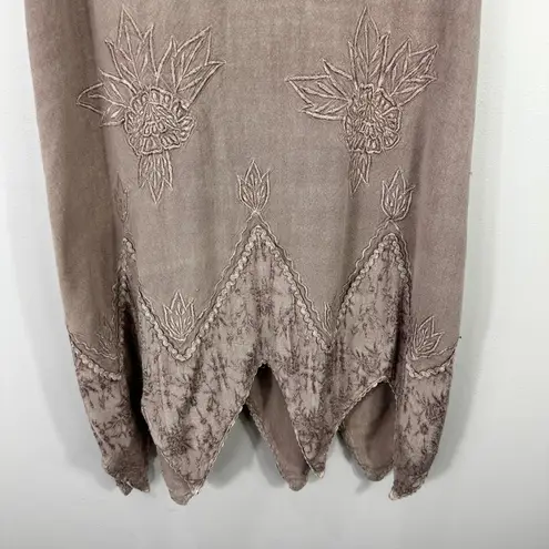 Sportique L Taupe Embroidered Boho Tank Handkerchief Hem Festival Hippie Fairy Size L