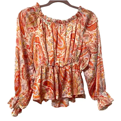 Pink Lily  Off The Path Long Sleeve Orange Paisley Belted Blouse Size Medium