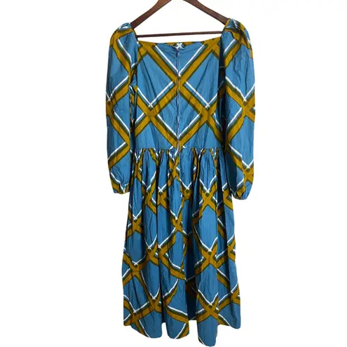 Vintage 1972 Marimekko Grid Pattern Cotton Maxi Dress Blue Yellow Womans 40/12