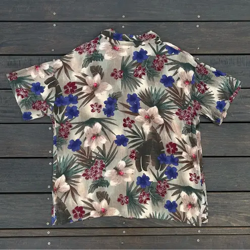 Cotton Dressbarn Tan Floral Hawaiian Button Up Shirt w/ Cream/Blue Flowers Size XL