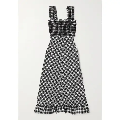 Ganni Smocked Maxi Midi Dress Black White Plaid Picnic Checked Fit and Flare 42