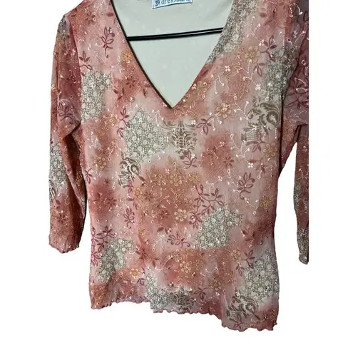 Dress Barn  Y2K Floral Embroidered 3/4 Sleeve Top