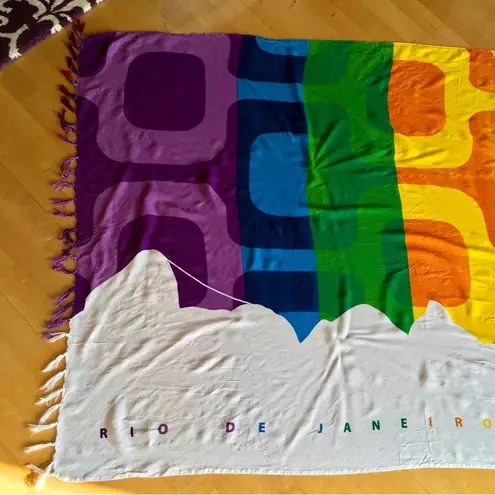 Colorful, Rainbow, Art Deco, Pashmina Style Fringe Wrap Scarf from Brazil White