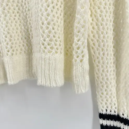 Elan Womens Cream Mock Neck Open Knit Sweater Black Stripe Cuff Detail Medium