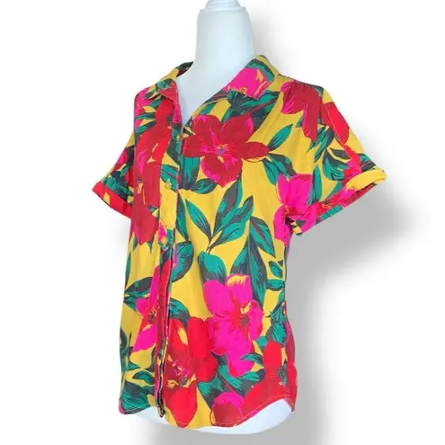For Cynthia Button Up Shirt Linen Blend Hawaiian Floral Print Yellow Red Petite