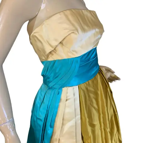 VINTAGE CIRCA 1960 CREAM, GOLD & TURQUOISE STRAPLESS SATIN FORMAL DRESS (XS) Blue