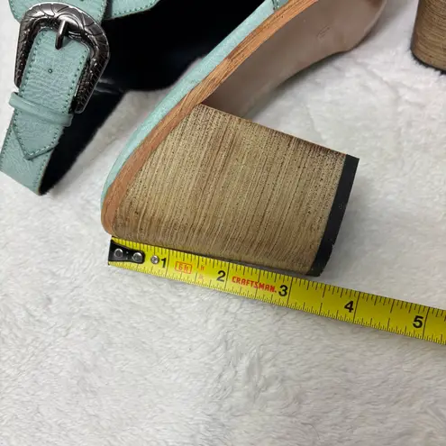 Boho Embroidered Booties Blue Vegan Chunky Block Heel Buckle Slingback Boots 11