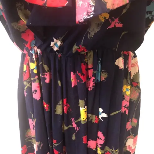 VTG 80’s Deep V Navy Floral Maxi Dress 12/14 Flowy Sleeve Collar Elastic Waist Multiple