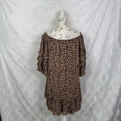 Fate Oversized Leopard Print Dress W/ Tiered Ruffle Sleeves & Ruffle Hem Size S Brown