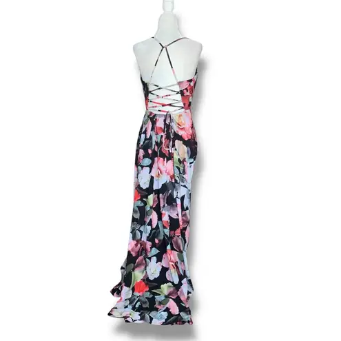 Cachet Formal Black Floral Maxi Dress 4 Crisscross Back V Neck Evening Gown