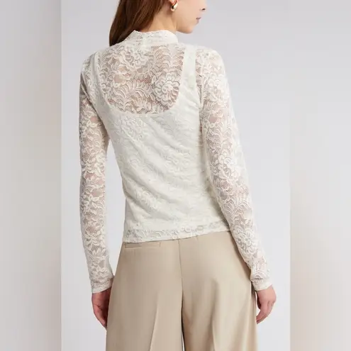 EXPRESS NWT  Lace Mock Neck Long Sleeve Sheer Top in Ivory Size M