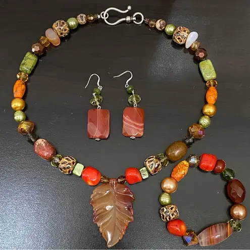 Handmade Carnelian Agate Gemstone Leaf Pendant Fall Theme Beaded Jewelry Set