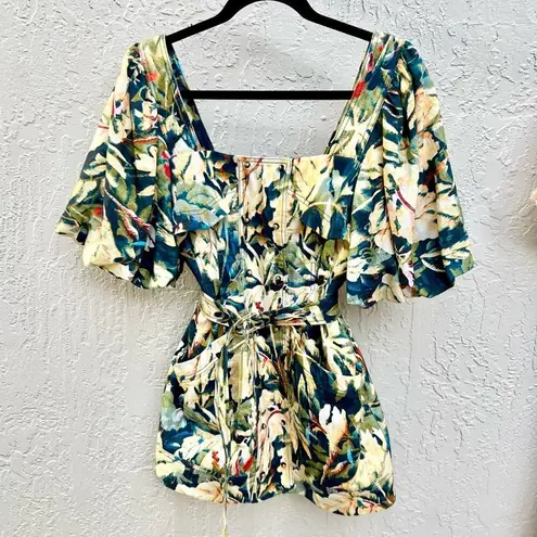 Acler Lovell Floral Print Puffed Sleeve Belted Mini Dress Multi Womens Size US 2 Green