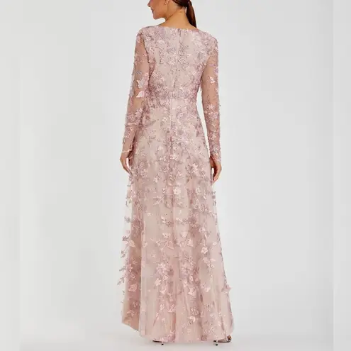 Mac Duggal 70224 Rose Pink Floral Applique Long Sleeve Illusion Gown Size 12 NWT