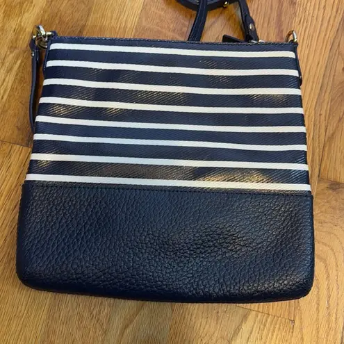 Kate Spade  Navy Blue White Striped Leather Crossbody Zipper Purse Bag