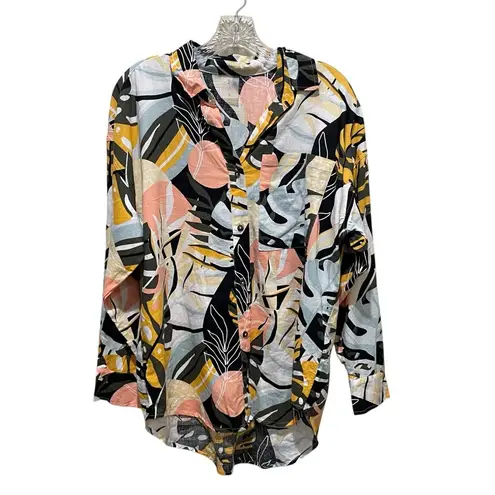 Calia by Carrie Underwood Multi Palm Print Button Down Cover Up Size Small Black