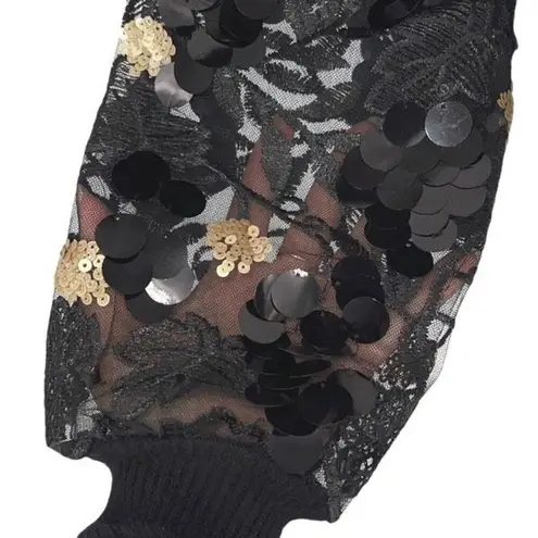 Sioni Milano Black Illusion Sheer Floral Embellished Sleeve Sweater Size Small