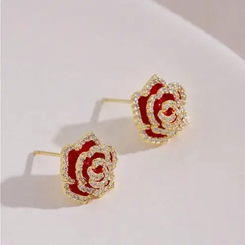 Gold and Red Rose Earrings