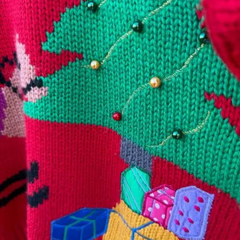 Vintage 80s Christmas Sweater Red Tree Rocking Horse Presents Nostalgia MEDIUM?