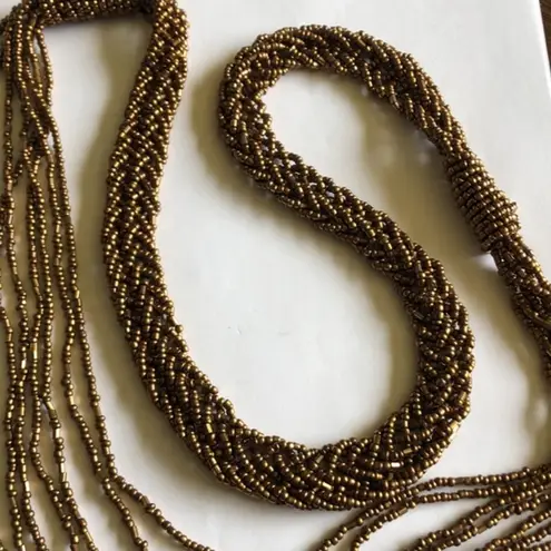34” Bronze Metallic Seed Bead Beaded Multi Strand Statement Necklace