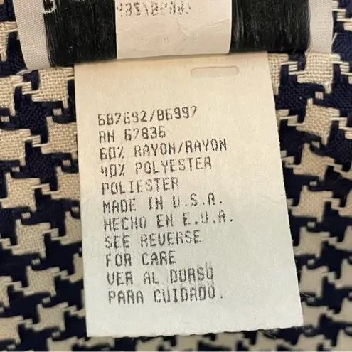 Vintage Houndstooth Dress Navy White Slit Skirt Mini Long Sleeve Plaid Preppy Blue Size M