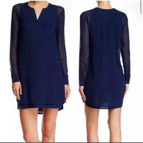 Vince  Dress Women Small Navy 100% Silk Long Sleeve Short V Neck Minimalist