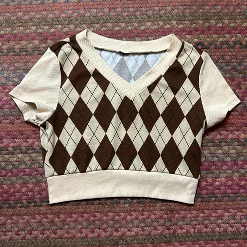 BROWN ARGYLE PLAID CROPPED V NECK SWEATER PREPPY GOLF