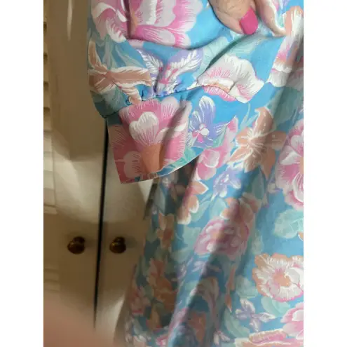Vtg 70s Private Property Floral Print Zip Front Cotton Robe Blue Pink L READ Size L