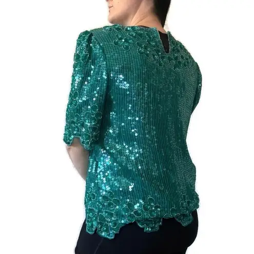 Scala Vintage Deadstock Green Sequin Silk Blouse Size Medium