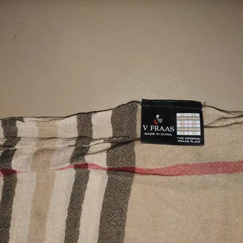 V. Fraas Scarf Wrap Beige Plaid Vintage Fringe Edges Lightweight Cotton Viscose