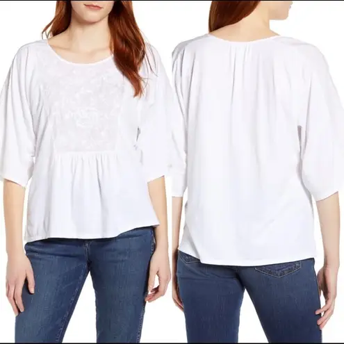 Caslon Nordstrom White Cotton Lightweight Embroidered Flowy Coastal Top Shirt S new nwt