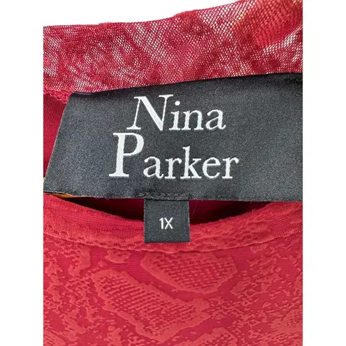 Nina Parker Womens Plus Size 1X Red Embossed Midi Bodycon Dress Long Sleeve