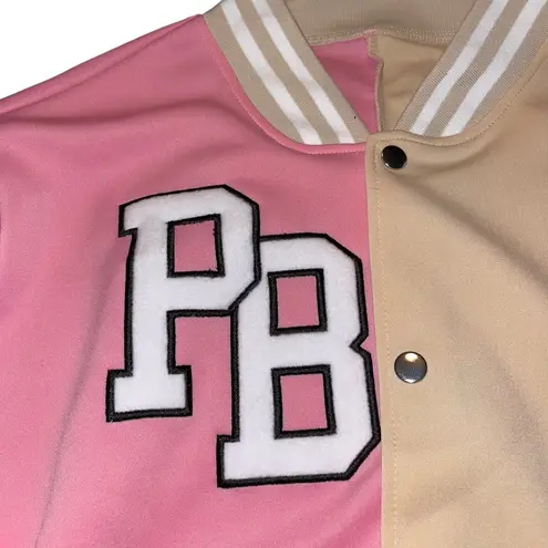 NWOT Women’s Varsity Jacket Pink Tan Decal On Sleeve Size 2XL Satin Sleeves