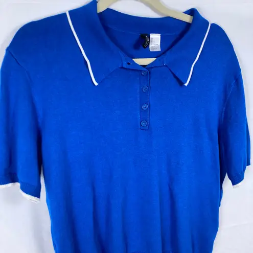 Divided Womens L Blue Polo Fine Knit Short Sleeve Sweater Retro Preppy Tennis Size L