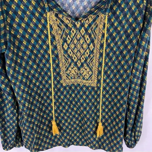 Christopher & Banks  Green and Gold Boho Top with Tassels Women’s Size Medium