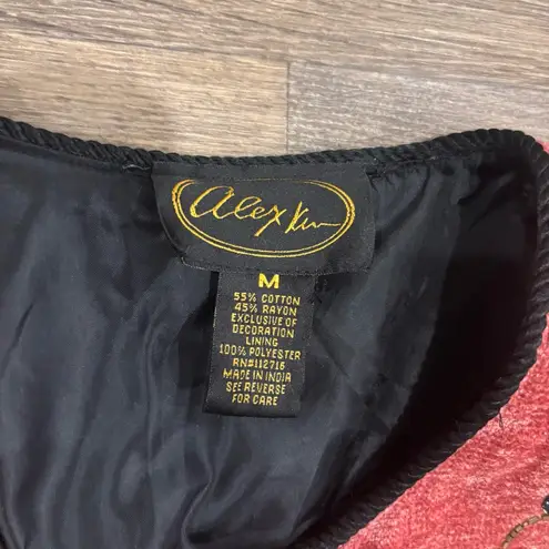 Vtg Alex Kim Coral Red Embroidered Floral Button