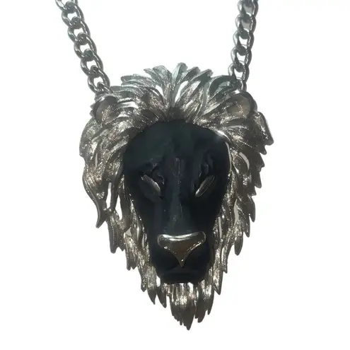 Vintage 1970s Luca Razza Large Collectible Black & Silver Lion Pendent Necklace Black