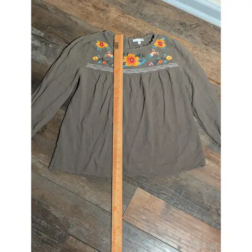 JODIFL Brown Embroidered Floral Crinkle Long Sleeve Top - Size M