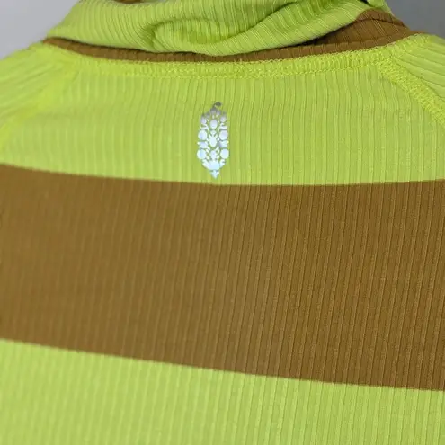 Striped Ribbed Pullover Crop Top Mustard Yellow Funnel Neck Long Sleeve Size XS