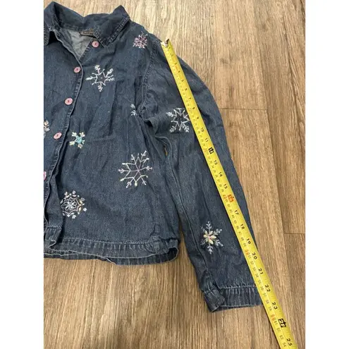 Vtg 90s New Direction Jean Denim Pastel Embroidered Snowflake Jacket Womens Sz L Blue