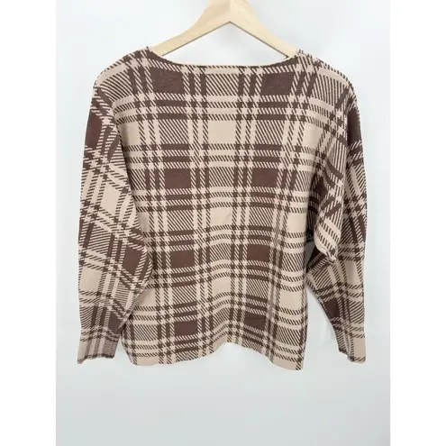 Adrienne Vittadini  Sweater Women MEDIUM Brown Cream Plaid Long Sleeve Pullover