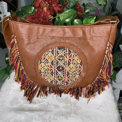 Raj Dark Caramel Tan Hobo Shoulder Strap Fringe Embroidery Beads Boho Hippie Bag