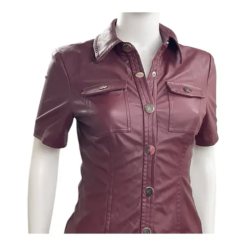 TOCCIN Burgundy Faux Leather Short Sleeve Dress Snap Front Mini Vegan Sz 2 Red