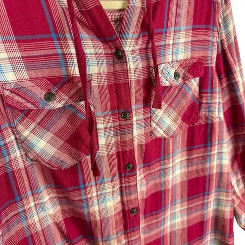 Boston Traders Pink Plaid Hooded Button Up Roll Tab Sleeve Flannel Shirt Size M