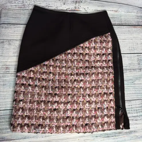 Per Se Tweed Skirt Brown Pink Bouclé Textured Zip Hem Lined Wool 0